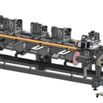 Internal view of the Anny CN-M jamb CNC machine with top removed, showing dual saw cutting stations at both ends.