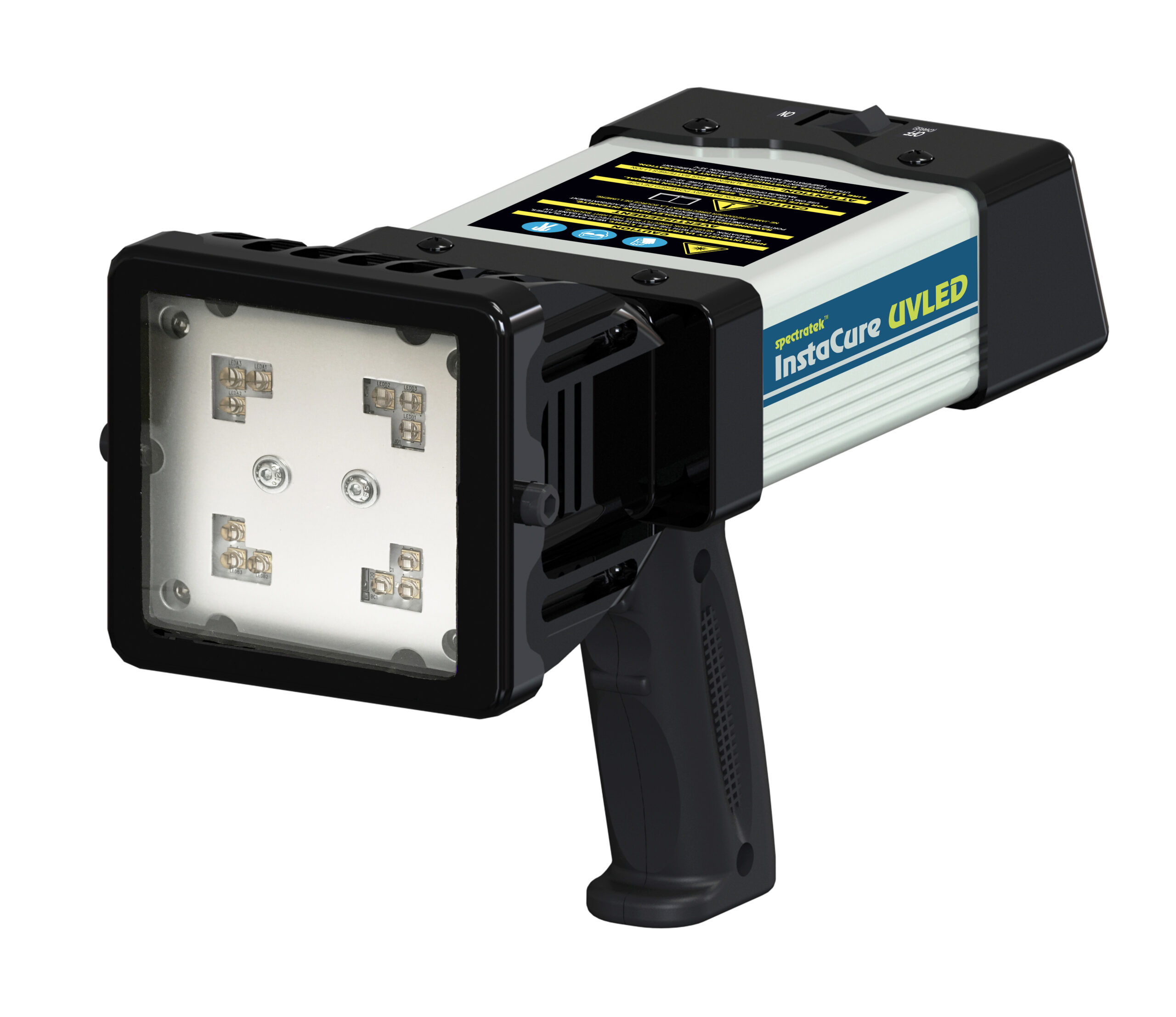 SPECTRATEK InstaCure UVLED cordless handheld UV curing lamp with pistol-grip handle and square LED light panel.