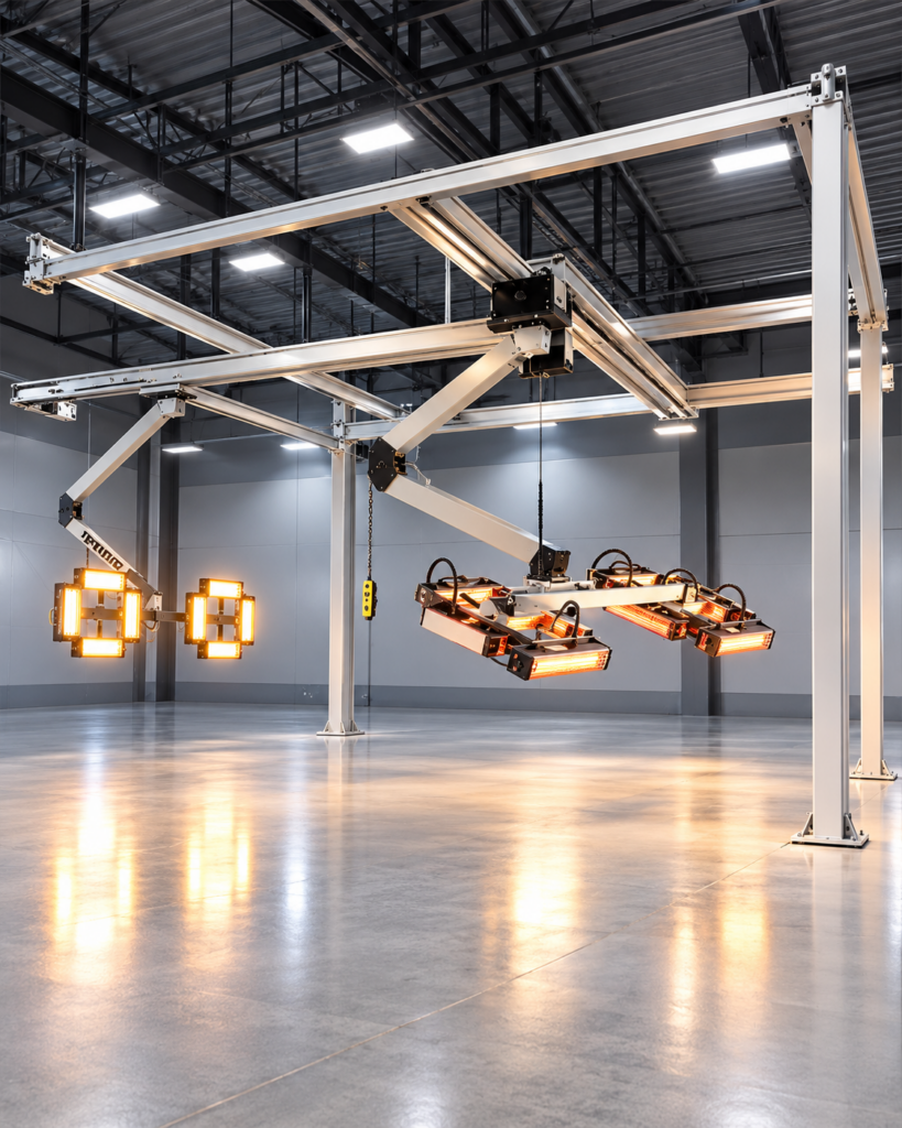 SPECTRATEK-style overhead infrared curing track system with rail-mounted heating lamps in an empty industrial workshop.