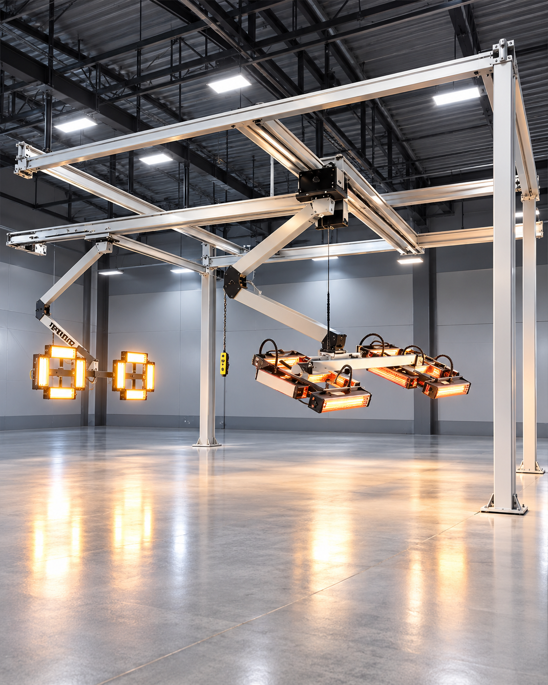 SPECTRATEK-style overhead infrared curing track system with rail-mounted heating lamps in an empty industrial workshop.